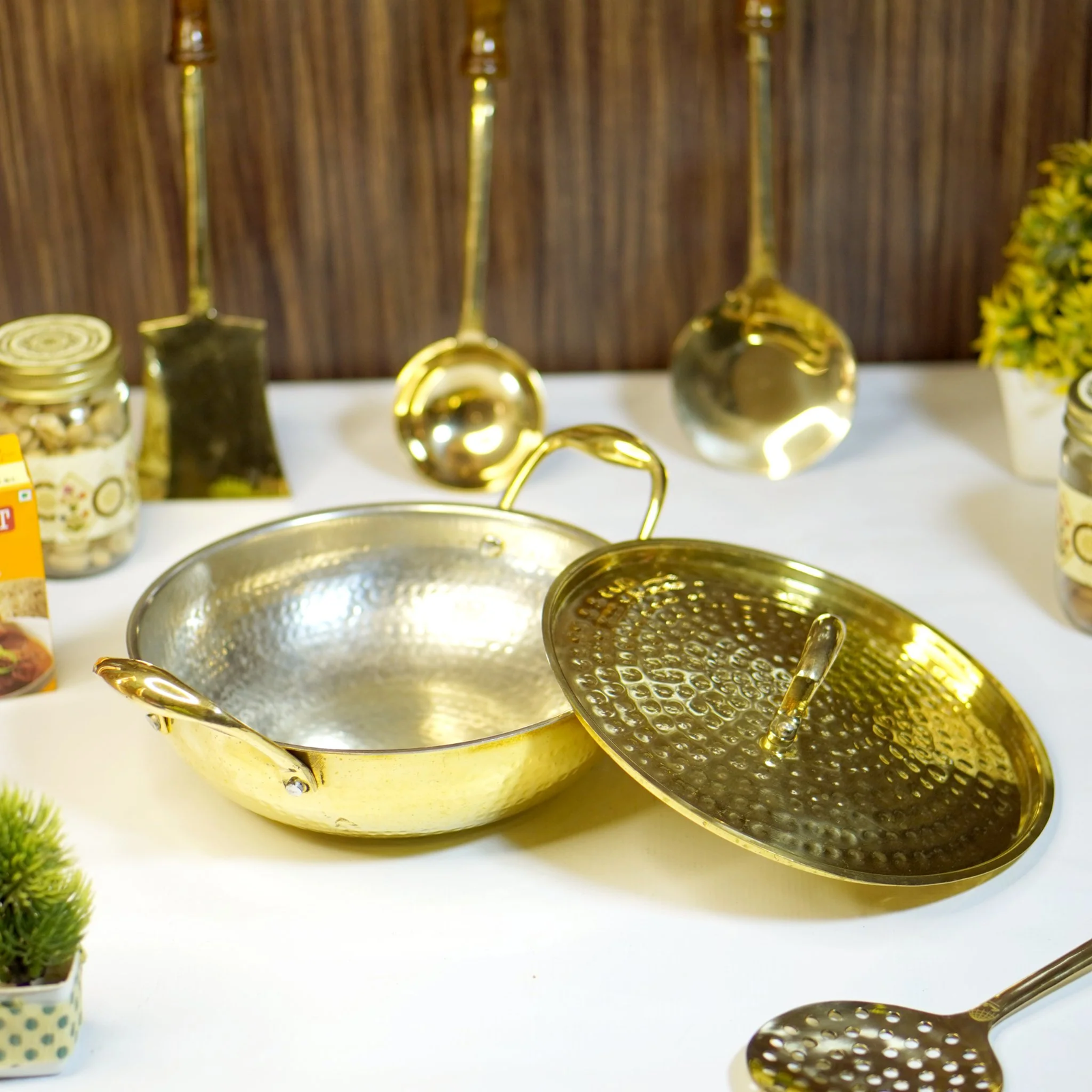 Hammered Brass Kadhai with Lid